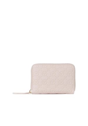 Compact light pink leather wallet with embossed circular logos and a zipper closure with pull tab on a white background.