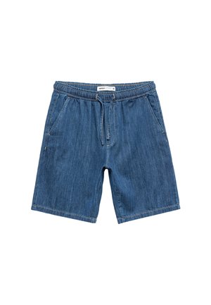 Denimsko-shorts i mellemblå med elastisk talje, snoretræk og sidelommer. Funktionen har et lige ben-design og syet kant.