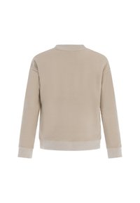 Beige fleece sweatshirt met een ronde hals, ribgebreide manchetten en zoom. De achterkant heeft een gladde textuur met minimale details.