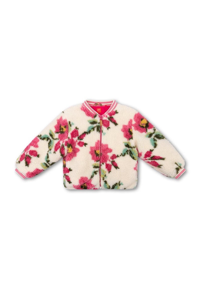 Floral-gepatroneerde ritsjack in donzige witte stof met roze en groene accenten. Heeft een geribbelde kraag en gestreepte manchetten.
