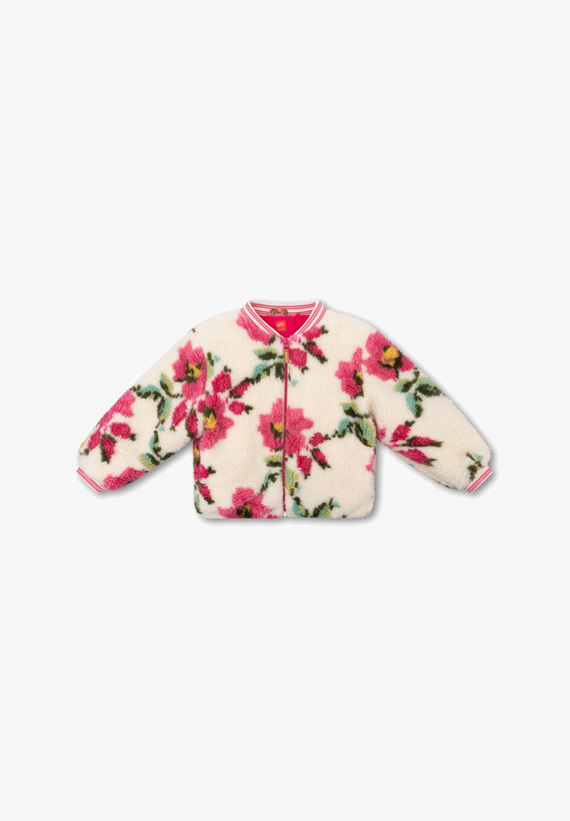Floral-gepatroneerde ritsjack in donzige witte stof met roze en groene accenten. Heeft een geribbelde kraag en gestreepte manchetten.
