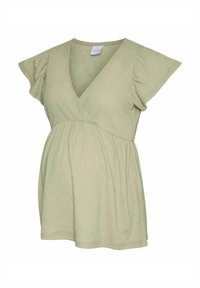 Top a maniche corte, stile avvolgente, in tessuto testurizzato verde chiaro, con scollatura a V e vita arricciata per una vestibilità rilassata.