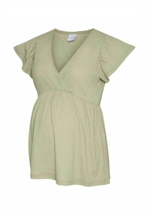 Top de manga corta, estilo envolvente, en tejido texturizado de color verde claro, con escote en forma de V y cintura fruncida para un ajuste relajado.