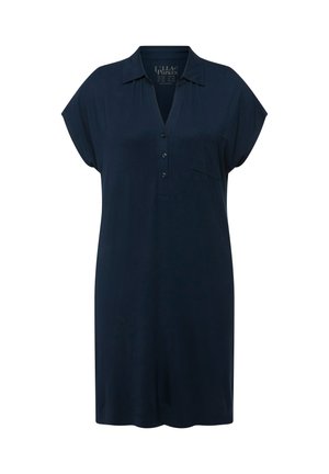 Navyblaues Hemdkleid aus weichem Stoff, mit Kragen, kurzen Ärmeln, teilweisem Knopfleisten und kleiner Brusttasche.