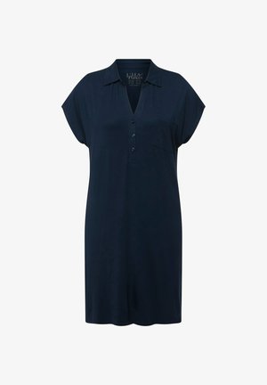 Navyblauw shirtjurk van zachte stof, met een kraag, korte mouwen, gedeeltelijke knoopsluiting en een klein borstzakje.