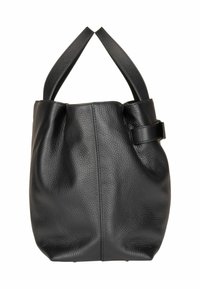 Zwarte leren emmer tas met een gestructureerde afwerking, zachte vorm, dubbele handvatten en een gesp accent. Stevige basis met subtiele hardwaredetails.