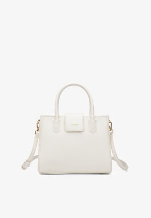 Borsa a mano bianca strutturata, realizzata in materiale sintetico testurizzato, con due manici, una tracolla removibile e dettagli in metallo dorato.