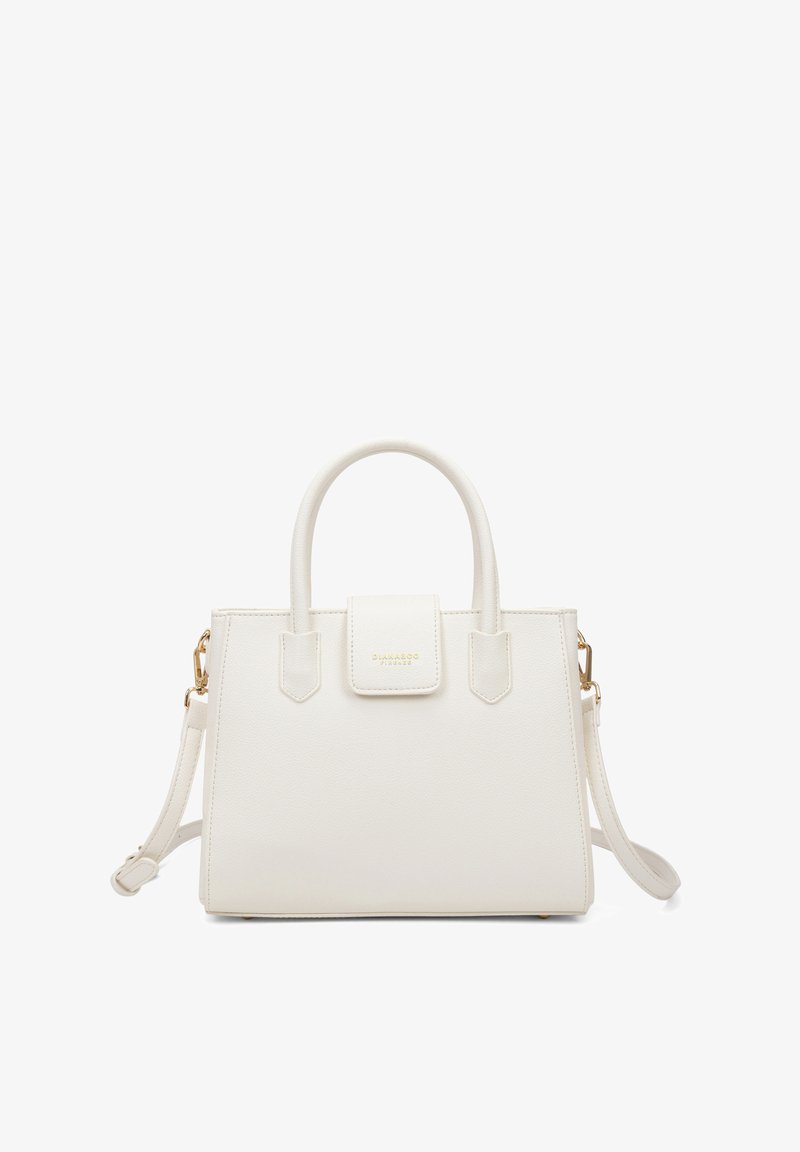 Sac à main structuré blanc en matériau synthétique texturé, avec deux poignées, une bandoulière amovible et des accents en métal doré.