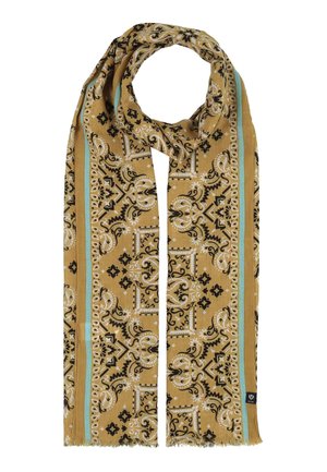 Light brown scarf with intricate black, white, and blue paisley and floral patterns, featuring light blue vertical stripes and fringed edges.