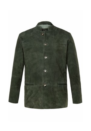 Chaqueta de ante verde oscuro para hombre con cuello alto, cinco botones en la parte delantera y tres bolsillos frontales con abertura.