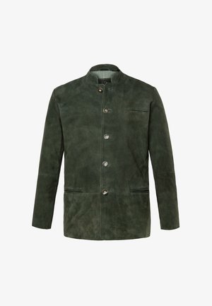 Chaqueta de ante verde oscuro para hombre con cuello alto, cinco botones en la parte delantera y tres bolsillos frontales con abertura.