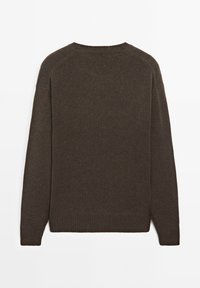 Dunkelbrauner Langarm-Strickpullover mit gerippten Manschetten, Saum und Rundhalsausschnitt, von hinten gegen einen weißen Hintergrund gezeigt.