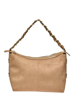 Bež semiš torbica z ukrivljeno pravokotno obliko in pletenim naramnim trakom iz usnja in zlatega verižnega pasu, z zadrgo na vrhu.