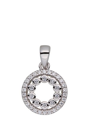 Runder silberner Anhänger mit zwei Reihen klarer, rund geschliffener Diamanten, einer inneren und einer äußeren, an einer glatten silbernen Öse befestigt.