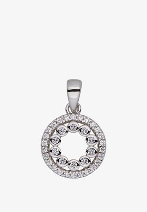 Runder silberner Anhänger mit zwei Reihen klarer, rund geschliffener Diamanten, einer inneren und einer äußeren, an einer glatten silbernen Öse befestigt.
