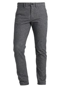 Grijze, textuurbroeken met een reguliere pasvorm, voorzien van een knoopsluiting, twee voorzakken en een subtiel gestreept patroon.