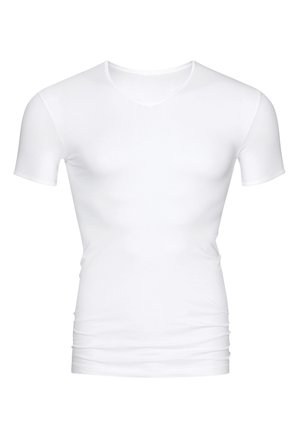 Witte korte mouwen V-hals t-shirt, gemaakt van gladde stof, slim fit ontwerp, met een lichte stretch en zonder zichtbare patronen of accenten.