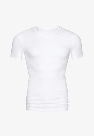 Witte korte mouwen V-hals t-shirt, gemaakt van gladde stof, slim fit ontwerp, met een lichte stretch en zonder zichtbare patronen of accenten.