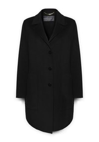 Cappotto di lana nera con colletto, dotato di quattro bottoni e due tasche anteriori. Design a taglio dritto con una texture liscia.