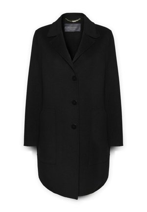 Cappotto di lana nera con colletto, dotato di quattro bottoni e due tasche anteriori. Design a taglio dritto con una texture liscia.