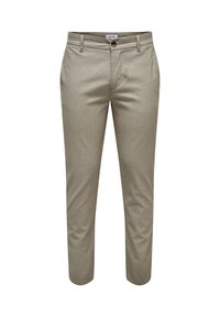 Chinos beiges en tissu texturé avec une coupe droite, dotés de poches avant, d'une fermeture à bouton et d'un motif tissé subtil.