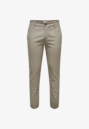 Chinos beiges en tissu texturé avec une coupe droite, dotés de poches avant, d'une fermeture à bouton et d'un motif tissé subtil.