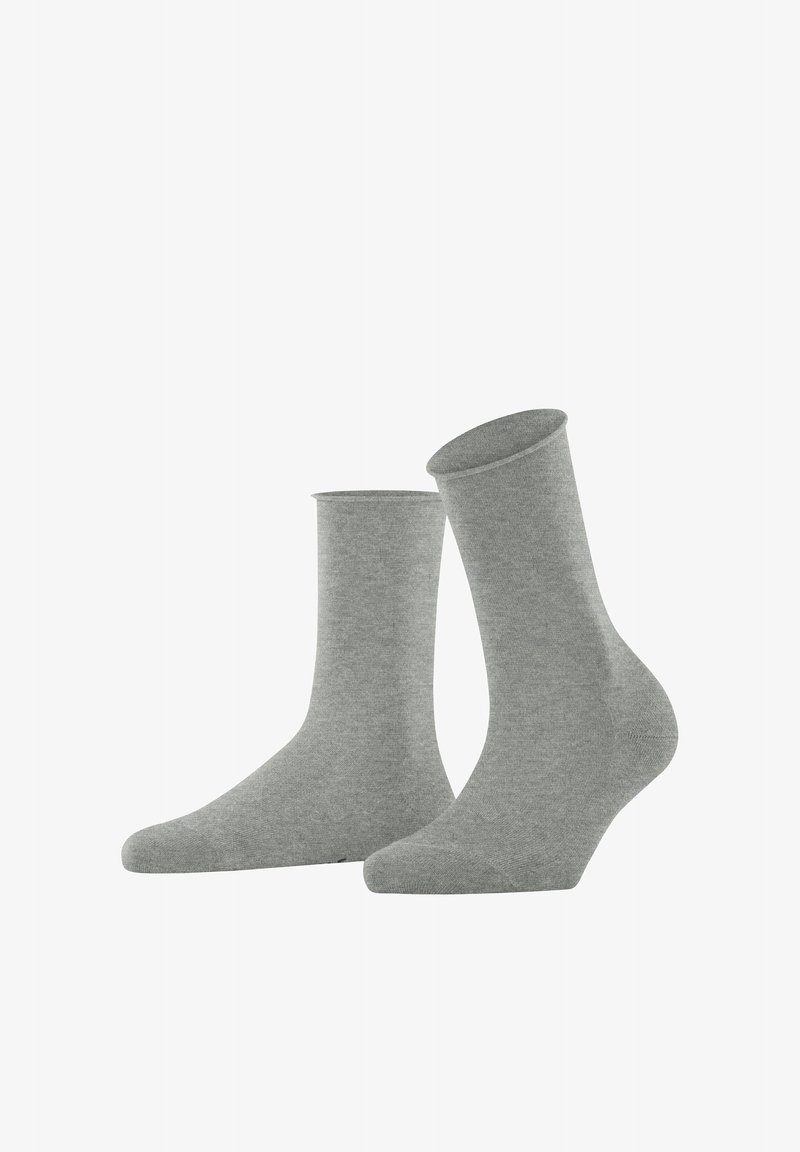 Calze di cotone grigio con una texture liscia, lunghezza fino al polpaccio e design senza cuciture, presentano un risvolto a coste e punta rinforzata.