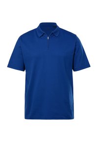 Tmavě modré polo tričko z texturované tkaniny, s poloviny zipem, krátkými rukávy a diskrétním logem na hrudi.