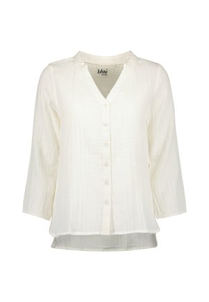 Weiße Langarmbluse mit strukturiertem Stoff, V-Ausschnitt, durchgehender Knopfleiste und leicht geschwungenem Saum.