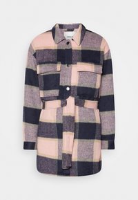 Marynarka z wełnianej mieszanki w kratę, na pasek, z długimi rękawami, z przodem na guziki, dwoma kieszeniami na piersi, w odcieniach różu, granatu i beżu.