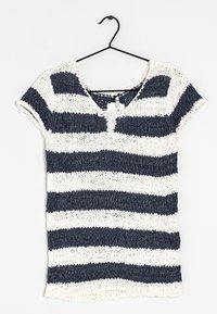Navy and white striped short-sleeve knit top with a V-neck and lace-up detail at the neckline, displayed on a black hanger.