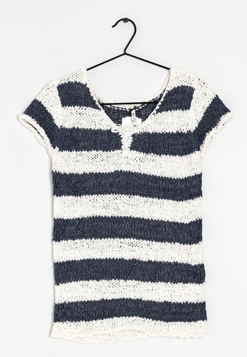 Navy and white striped short-sleeve knit top with a V-neck and lace-up detail at the neckline, displayed on a black hanger.