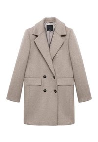 Manteau en laine beige à double boutonnage avec de grands revers, deux poches avant et des boutons noirs. Texture lisse et forme structurée.