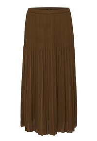 Jupe maxi plissée marron avec une large taille, fabriquée en tissu léger, dotée de plis verticaux qui descendent jusqu'à l'ourlet.