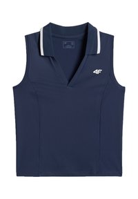 Polo sans manches bleu marine avec une bande blanche sur le col, col en V, coupe slim et logo blanc "4F" sur la poitrine.