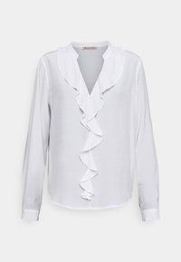 Chemisier blanc à manches longues avec un décolleté en V et des détails froncés sur le devant. Fabriqué dans un tissu lisse avec une texture légèrement translucide.