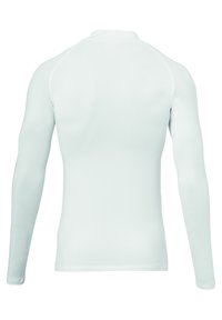 Langærmet træningsshirt i lyseblå stof. Glat tekstur med en tætsiddende design, høj krave og flade sømdetaljer på skuldrene.