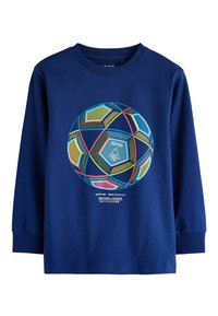 Marineblaues Langarmshirt mit einem farbenfrohen Fußball-Motiv mit hexagonalen Mustern und Textdetails am unteren Rand. Aus Baumwolle.
