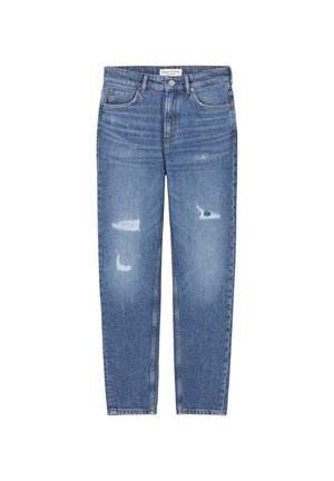 Blauwe jeans met hoge taille, knoop- en ritssluiting, voorzakken en versleten plekken op de dijen.