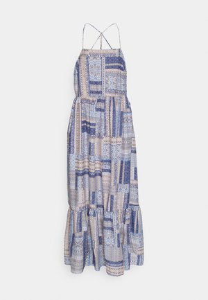 Vestido maxi em padrões azuis e beges, com um corpete ajustado, alças cruzadas e uma bainha franzida. Feito em tecido leve.