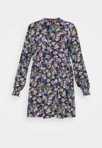 Robe florale bleu marine foncé, ornée de fleurs violettes, bleues et blanches. Manches longues avec des poignets froncés et un col haut. Silhouette évasée.