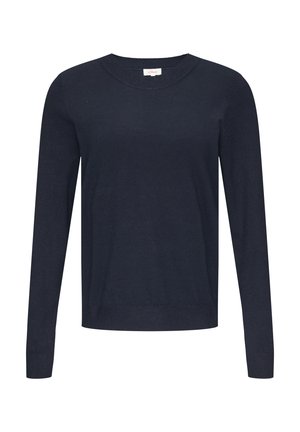 Marineblauwe trui met lange mouwen en een ronde hals. Gemaakt van zachte gebreide stof, met een geribbelde halslijn en zoom.