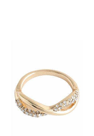 Gold-tone ring with curved design, decorated with small clear crystals on two opposite sides.