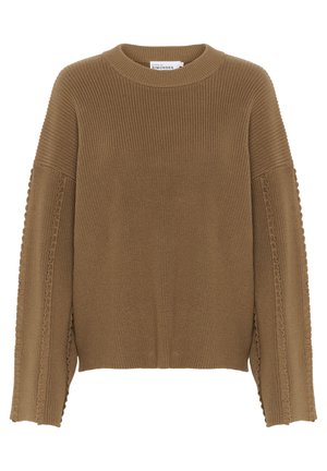 Pruun ribatud kootud sviiter ümmarguse kaelusega ja külge lõigetega. Omab tekstuurset detaili mööda varrukate, et lisada mõõtmeid.