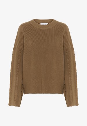 Pruun ribatud kootud sviiter ümmarguse kaelusega ja külge lõigetega. Omab tekstuurset detaili mööda varrukate, et lisada mõõtmeid.