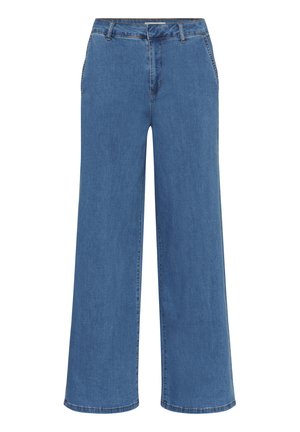 Jean en denim bleu à jambes larges avec une texture lisse, présentant une fermeture éclair à l'avant, deux poches latérales et des détails de couture discrets.