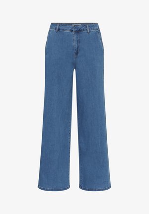 Laiad sinised denim püksid sujuva tekstuuriga, millel on esine lukustus, kaks küljetaskut ja peened õmblusdetailid.