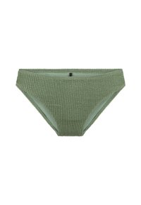 Zielone majtki bikini z żebrowanym wzorem, wykonane z teksturowanej tkaniny, z umiarkowanym pasem w talii i gładką podszewką dla komfortu. Bez widocznych elementów metalowych ani akcentów.