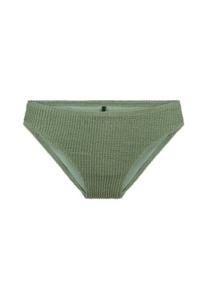 Groene geribbelde bikinionderkant met textuurstof, een gematigde tailleband en een gladde binnenvoering voor comfort. Geen zichtbare hardware of accenten.