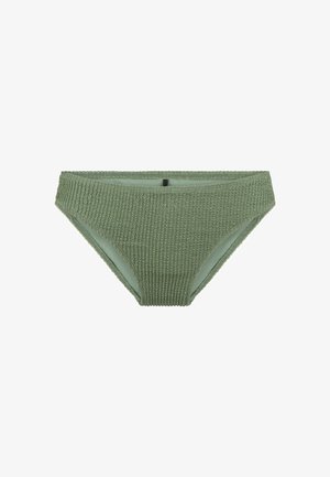 Zelené rebrované bikiny s textúrovanou tkaninou, stredne širokým pásom a hladkým vnútorným podšívaním pre pohodlie. Bez viditeľných kovových prvkov alebo akcentov.